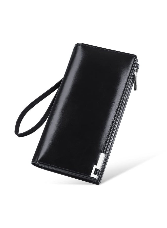Generic Long Wallet for Men with Zipper Leather Genuine Large Capacity Checkbook Clutch Purse for Travel Business Black  - Image 1