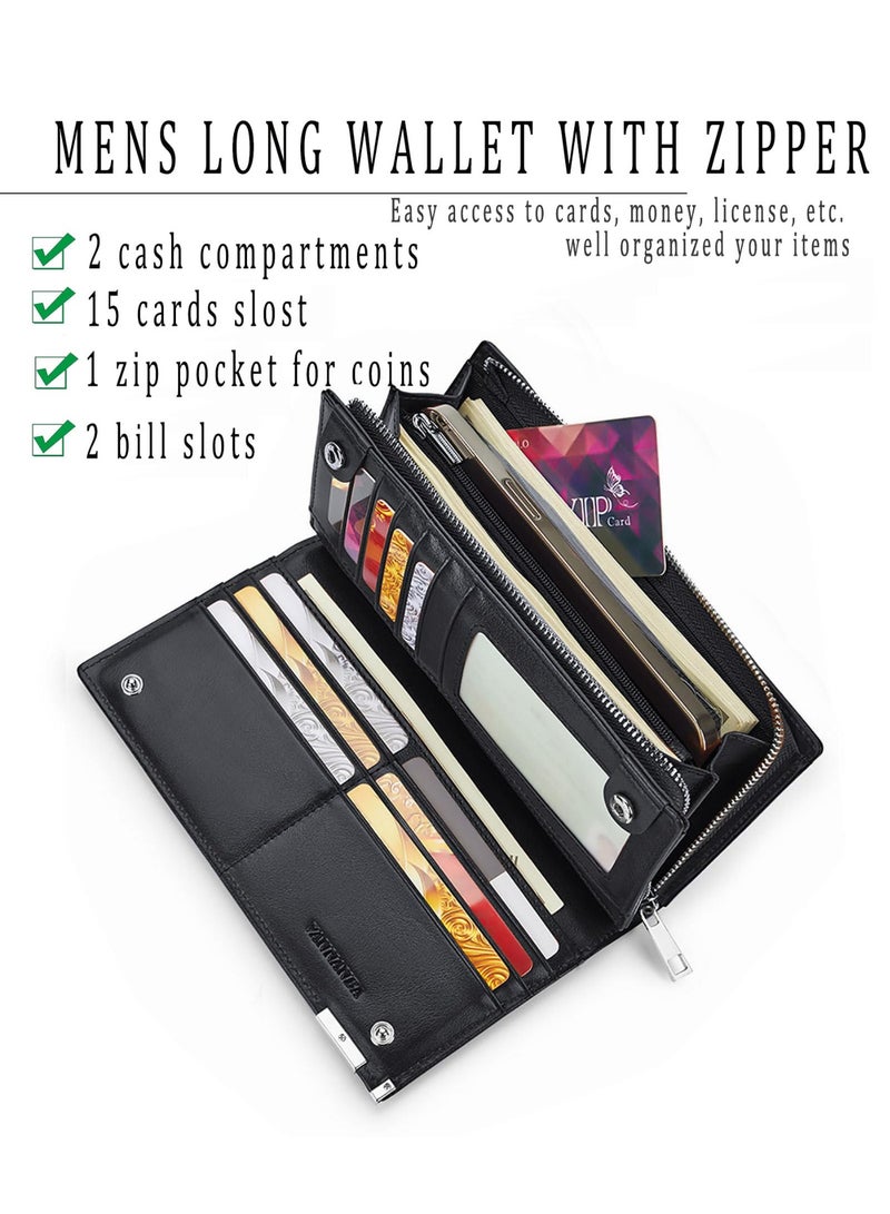 Generic Long Wallet for Men with Zipper Leather Genuine Large Capacity Checkbook Clutch Purse for Travel Business Black  - Image 3