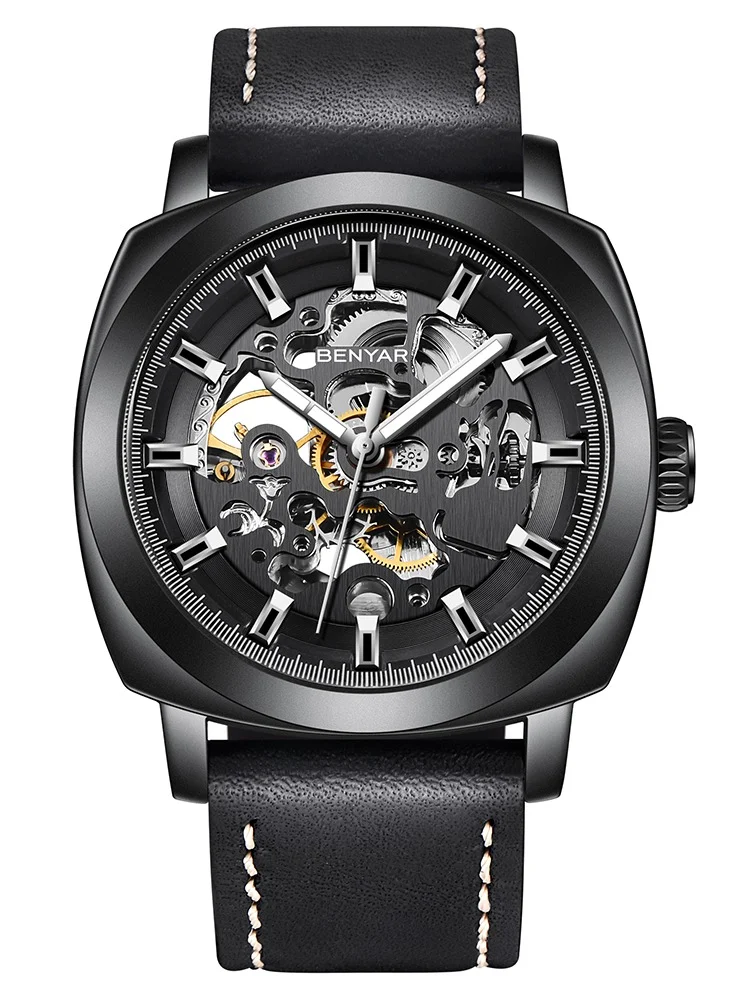 BENYAR Automatic Watches for Men | Skeleton Mechanical Leather Strap Mens Watch | 45mm Dial | 30M Waterproof | Men's Stylish Gift