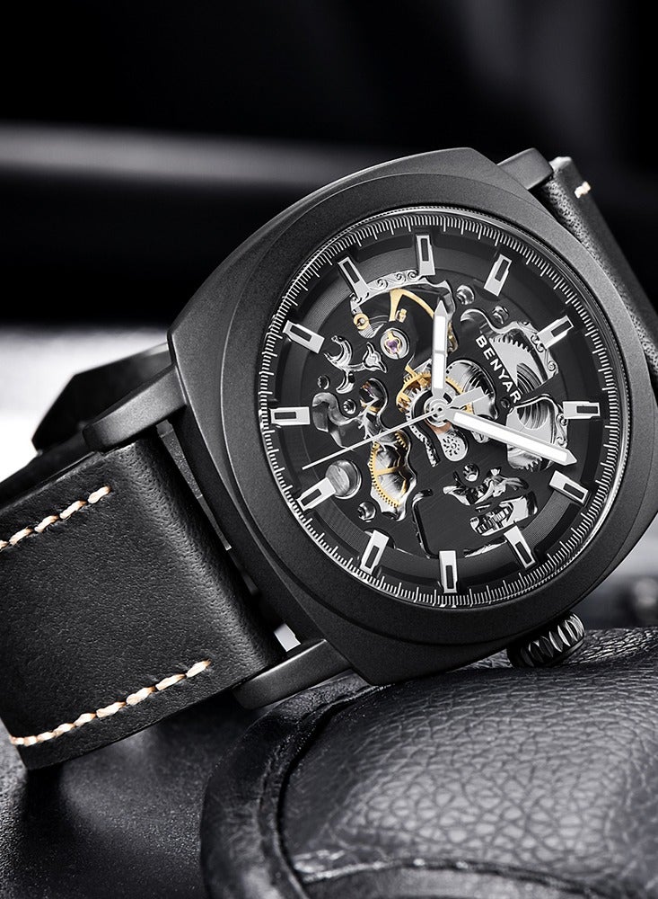 بينيار ساعات رجالية أوتوماتيكية ميكانيكية بسوار جلد  مم مقاومة للماء  متر - Image 5