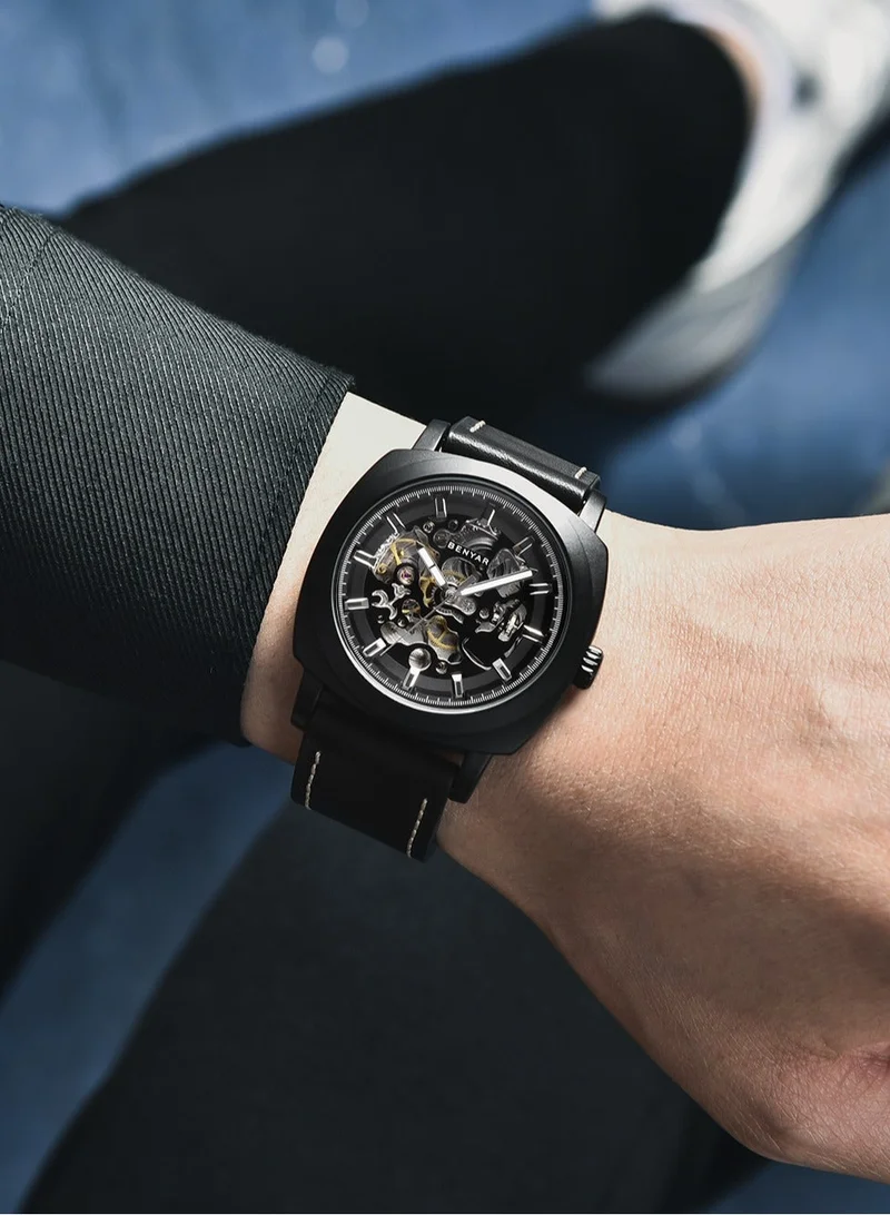 Benyar Automatic Watches for Men | Skeleton Mechanical Leather Strap Mens Watch | 45mm Dial | 30M Waterproof | Men's Stylish Gift