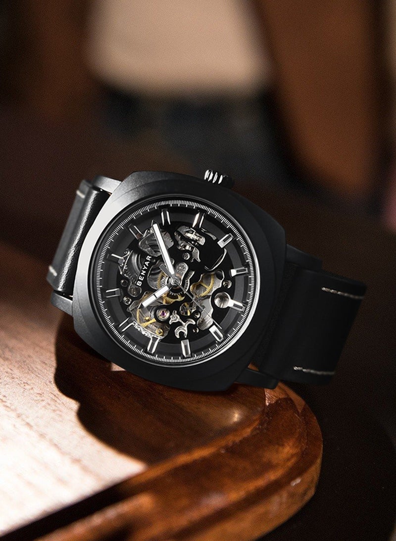 BENYAR Automatic Watches for Men | Skeleton Mechanical Leather Strap Mens Watch | 45mm Dial | 30M Waterproof | Men's Stylish Gift - Image 4