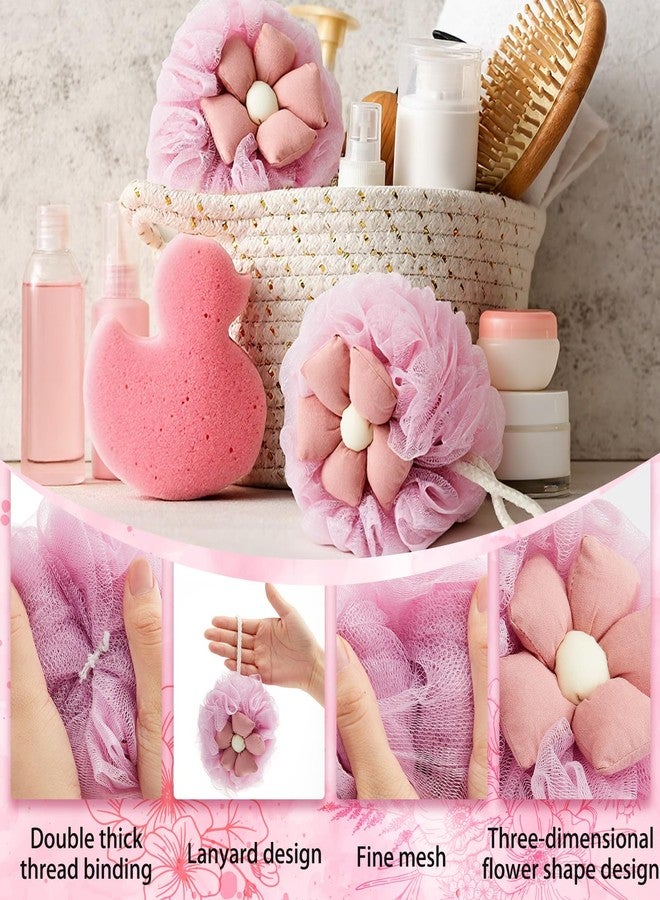 Afarnook 2 Pack Cute Flower Loofah for Women, Bath Loofah Sponge, Mesh Pouf Flower Body Scrubber, Exfoliating Shower Sponge, Bath Scrubber for Sensitive Skin in Beauty Bathing Accessories(Pink) - Image 3