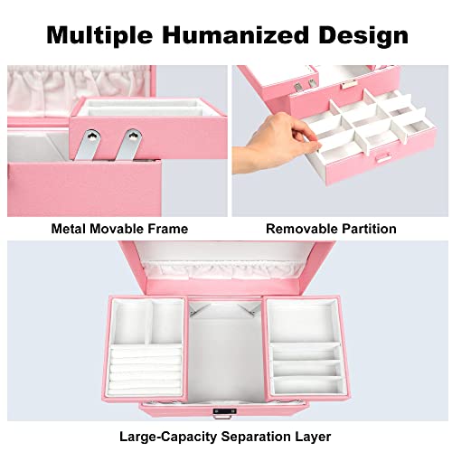 Dajasan Jewelry Box for Girls Women, PU Leather Jewelry Organizer Box, 3 Layers Jewelry Gift Box for Christmas, Valentine's Day, Birthday, Mother's Day (Pink) - Image 3