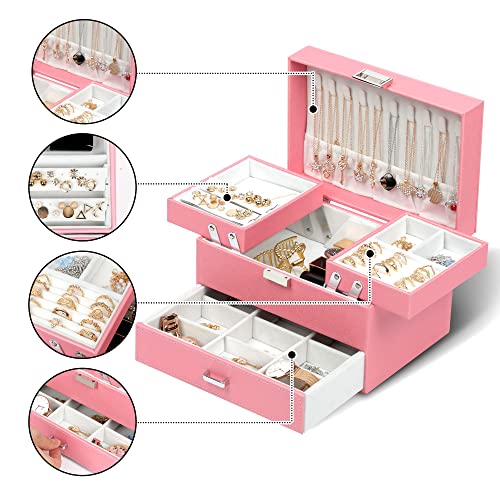 Dajasan Jewelry Box for Girls Women, PU Leather Jewelry Organizer Box, 3 Layers Jewelry Gift Box for Christmas, Valentine's Day, Birthday, Mother's Day (Pink) - Image 2
