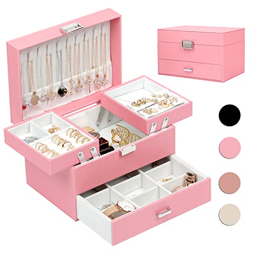 Dajasan Jewelry Box for Girls Women, PU Leather Jewelry Organizer Box, 3 Layers Jewelry Gift Box for Christmas, Valentine's Day, Birthday, Mother's Day (Pink) - Image 1
