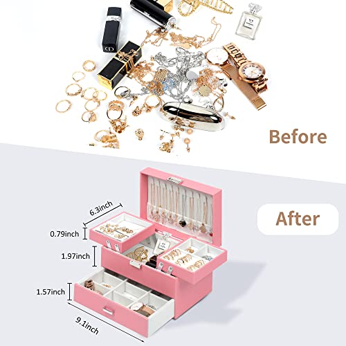 Dajasan Jewelry Box for Girls Women, PU Leather Jewelry Organizer Box, 3 Layers Jewelry Gift Box for Christmas, Valentine's Day, Birthday, Mother's Day (Pink) - Image 4