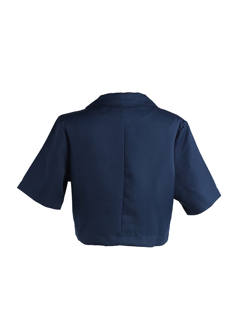 سترة بليزر قصيرة بأكمام قصيرة باللون الأزرق البحري