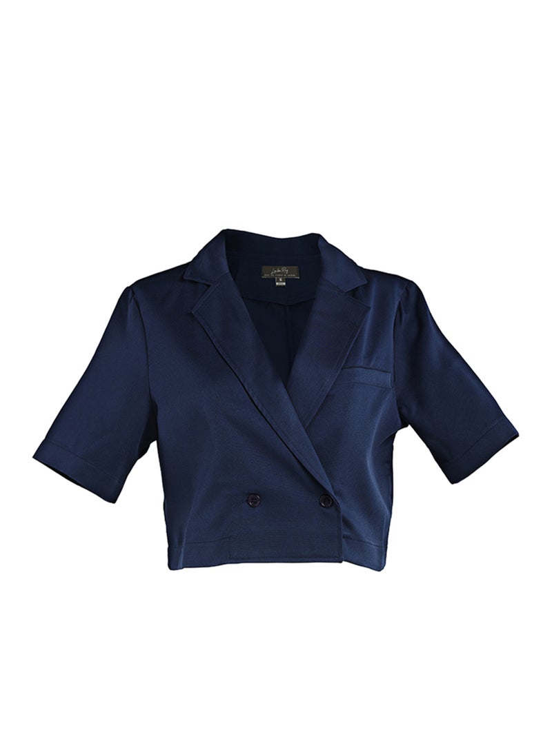 سترة بليزر قصيرة بأكمام قصيرة باللون الأزرق البحري