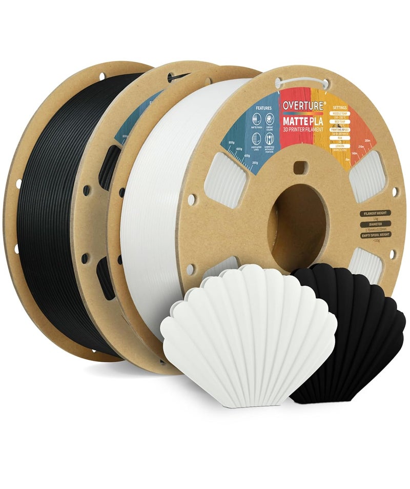 OVERTURE 2KG Bundle Matte PLA 3D Printer Filament 1.75mm, Matt Surface & Low Warping Filament 2 Pack 1kg Spool (2.2 lbs), Fit Most FDM Printers (Matte Black & Matte White) - Image 1