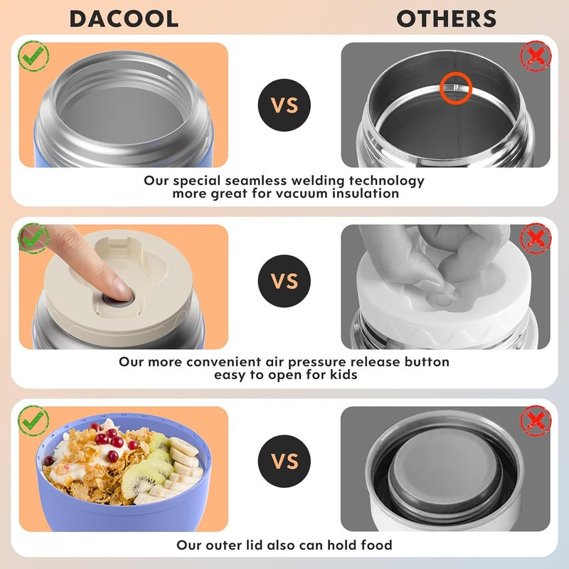 DaCool Insulated Lunch Container Insulated Food Jar 16 oz Stainless Steel Vacuum Bento Hot Lunch Box for Kids with Spoon Leak Proof Hot Cold Food for School Office Picnic Travel Outdoors - Black - Image 4