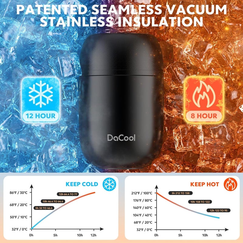 DaCool Insulated Lunch Container Insulated Food Jar 16 oz Stainless Steel Vacuum Bento Hot Lunch Box for Kids with Spoon Leak Proof Hot Cold Food for School Office Picnic Travel Outdoors - Black - Image 3