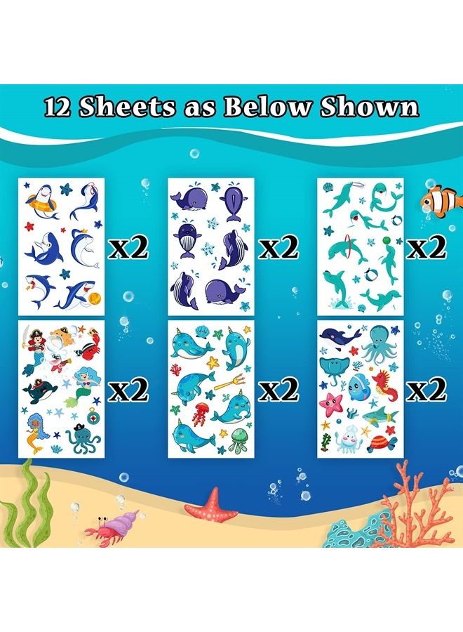 Partywind Luminous Blue Under Sea Temporary Tattoos for Kids, 170 Styles Glow Ocean Beach Pool Birthday Party Decorations Supplies Favors, Fake Tattoo Stickers for Kids Gifts (12 Sheets) - Image 1