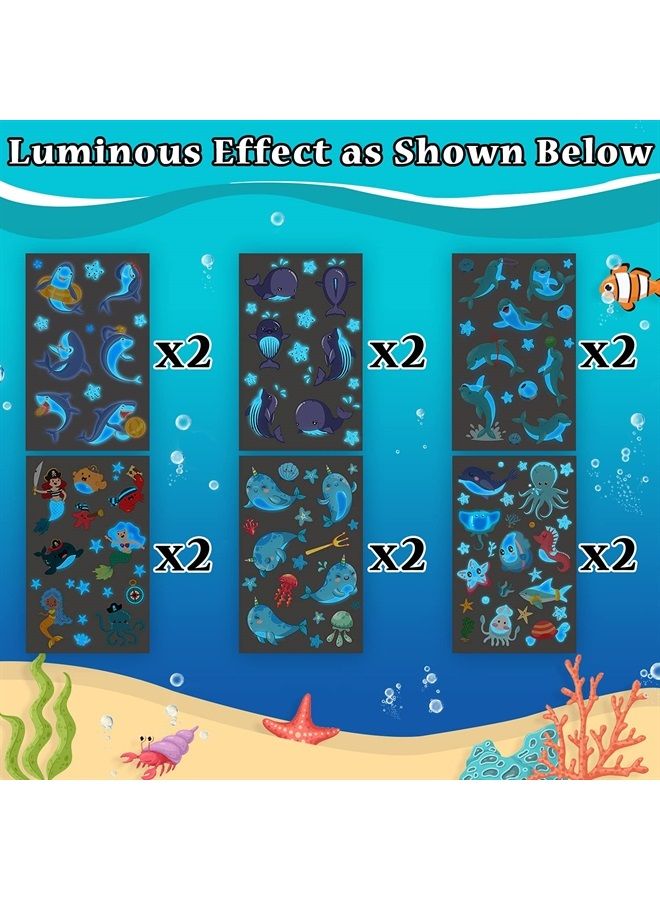 Partywind Luminous Blue Under Sea Temporary Tattoos for Kids, 170 Styles Glow Ocean Beach Pool Birthday Party Decorations Supplies Favors, Fake Tattoo Stickers for Kids Gifts (12 Sheets) - Image 2