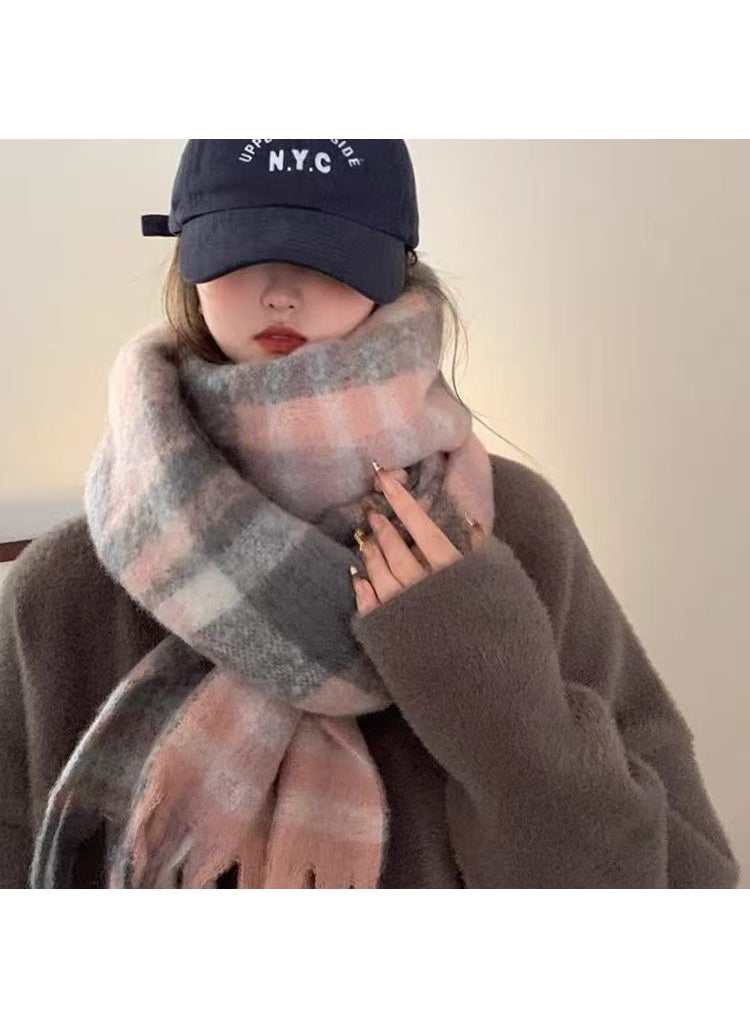 Mohair tassel scarf for women wholesale all-matching South Korea thick warm plaid cashmere-like ac scarf Christmas gift Black and gray