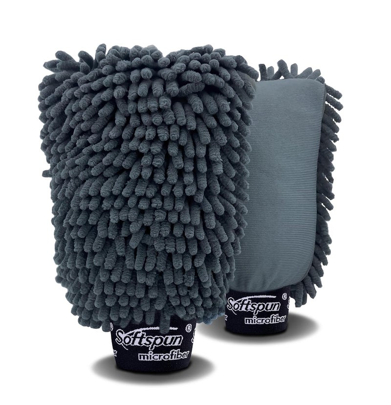 SOFTSPUN قفاز ميكروفايبر شينيل و زجاج سوفتسبون، مجموعة 2 قطعة 1700 GSM رمادي! متعدد الأغراض فائق الامتصاص ومثالي لتنظيف الدراجات والسيارات من الداخل والخارج. - Image 1