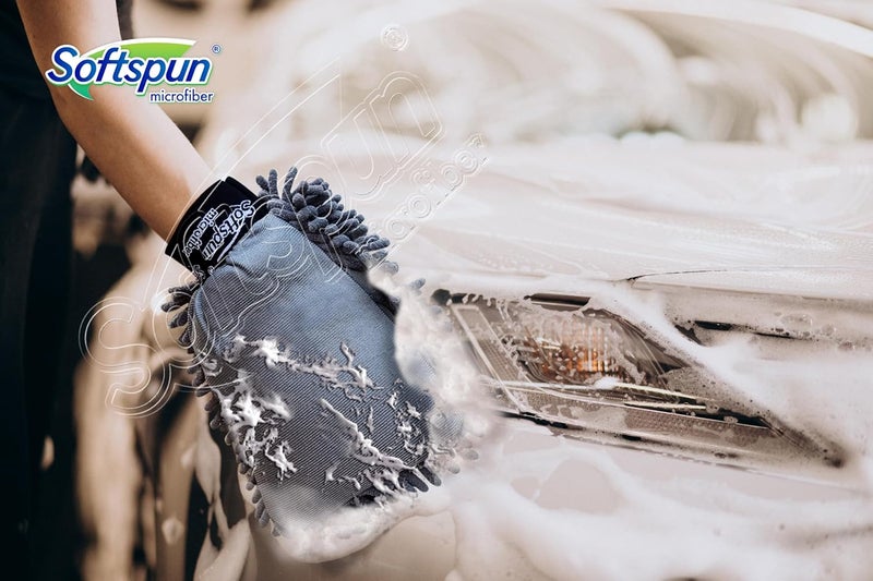 SOFTSPUN قفاز ميكروفايبر شينيل و زجاج سوفتسبون، مجموعة 2 قطعة 1700 GSM رمادي! متعدد الأغراض فائق الامتصاص ومثالي لتنظيف الدراجات والسيارات من الداخل والخارج. - Image 5