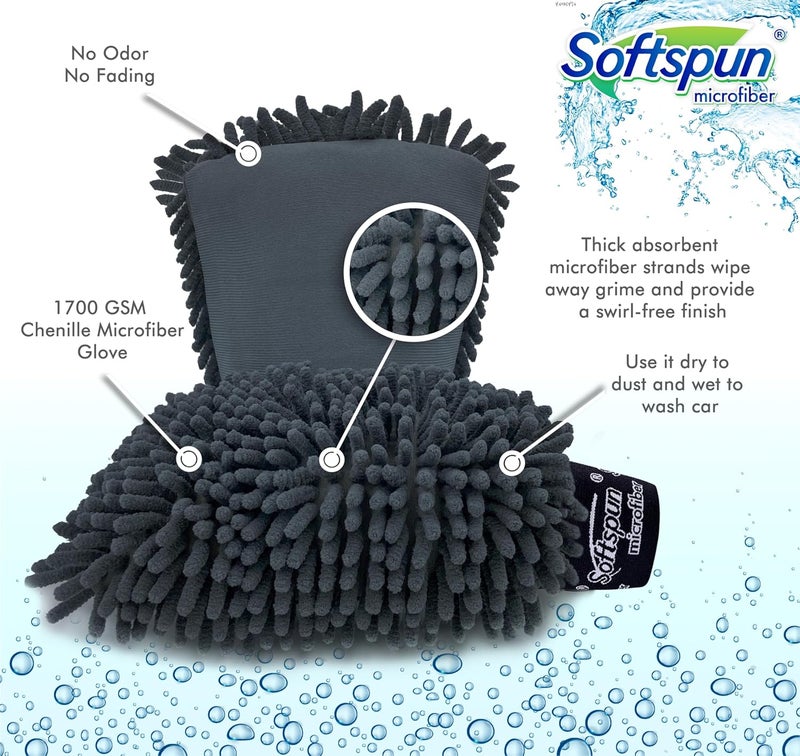 SOFTSPUN قفاز ميكروفايبر شينيل و زجاج سوفتسبون، مجموعة 2 قطعة 1700 GSM رمادي! متعدد الأغراض فائق الامتصاص ومثالي لتنظيف الدراجات والسيارات من الداخل والخارج. - Image 2