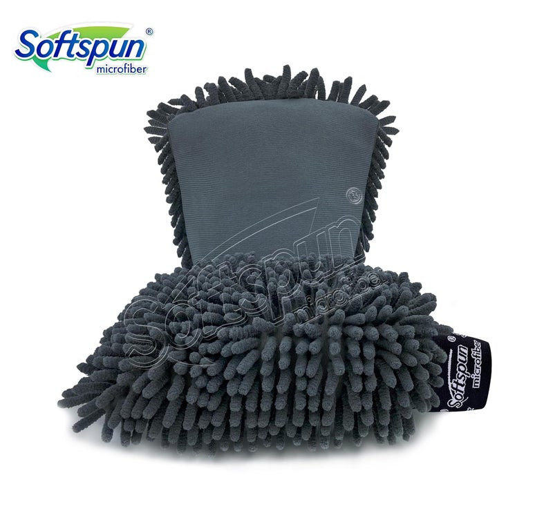 SOFTSPUN قفاز ميكروفايبر شينيل و زجاج سوفتسبون، مجموعة 2 قطعة 1700 GSM رمادي! متعدد الأغراض فائق الامتصاص ومثالي لتنظيف الدراجات والسيارات من الداخل والخارج. - Image 4