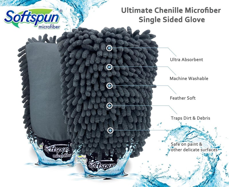 SOFTSPUN قفاز ميكروفايبر شينيل و زجاج سوفتسبون، مجموعة 2 قطعة 1700 GSM رمادي! متعدد الأغراض فائق الامتصاص ومثالي لتنظيف الدراجات والسيارات من الداخل والخارج. - Image 3