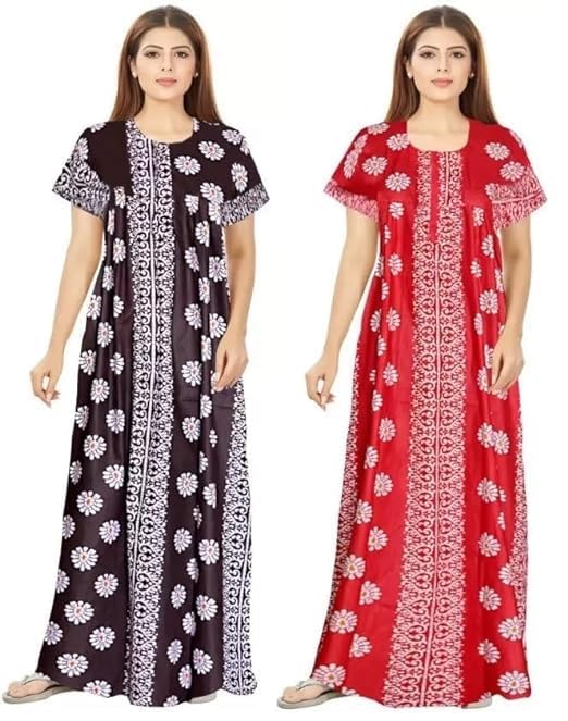 KBNBJ Women's Cotton Printed Maxi Nighty (Pack of 2) (Free Size, Black&Red) - Image 1