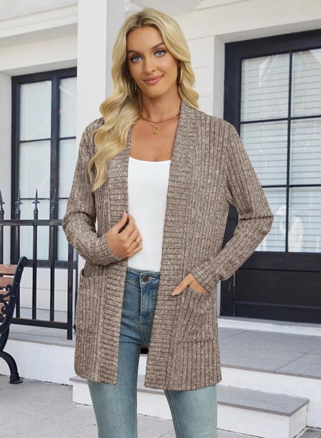 Leafsay Women's Lightweight Cardigan Sweater Long Sleeve Open Front Loose Casual Cardigans with Pockets, Brown, L - Image 3