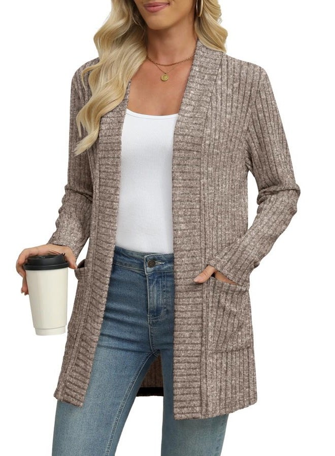 Leafsay Women's Lightweight Cardigan Sweater Long Sleeve Open Front Loose Casual Cardigans with Pockets, Brown, L - Image 2