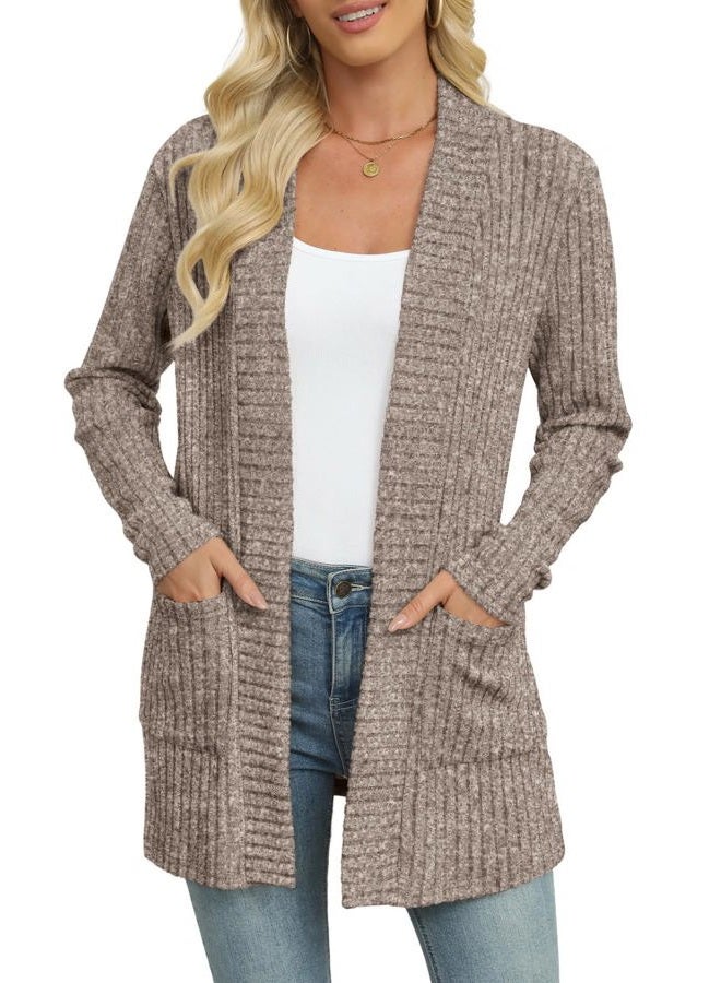 Leafsay Women's Lightweight Cardigan Sweater Long Sleeve Open Front Loose Casual Cardigans with Pockets, Brown, L - Image 1