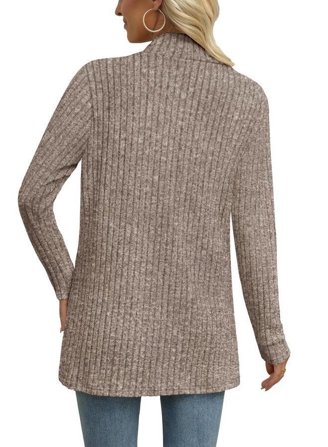 Leafsay Women's Lightweight Cardigan Sweater Long Sleeve Open Front Loose Casual Cardigans with Pockets, Brown, L - Image 5