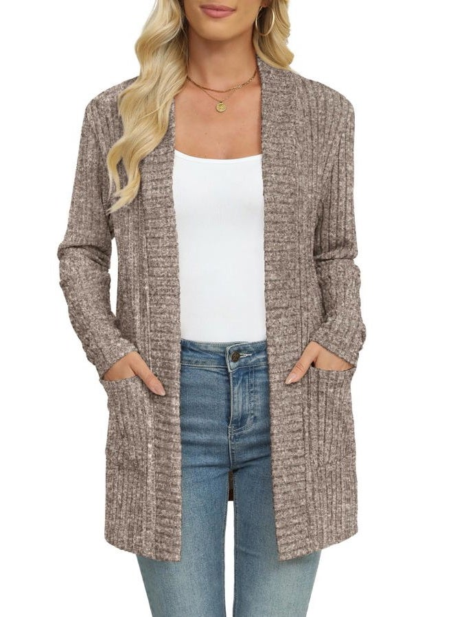 Leafsay Women's Lightweight Cardigan Sweater Long Sleeve Open Front Loose Casual Cardigans with Pockets, Brown, L - Image 4