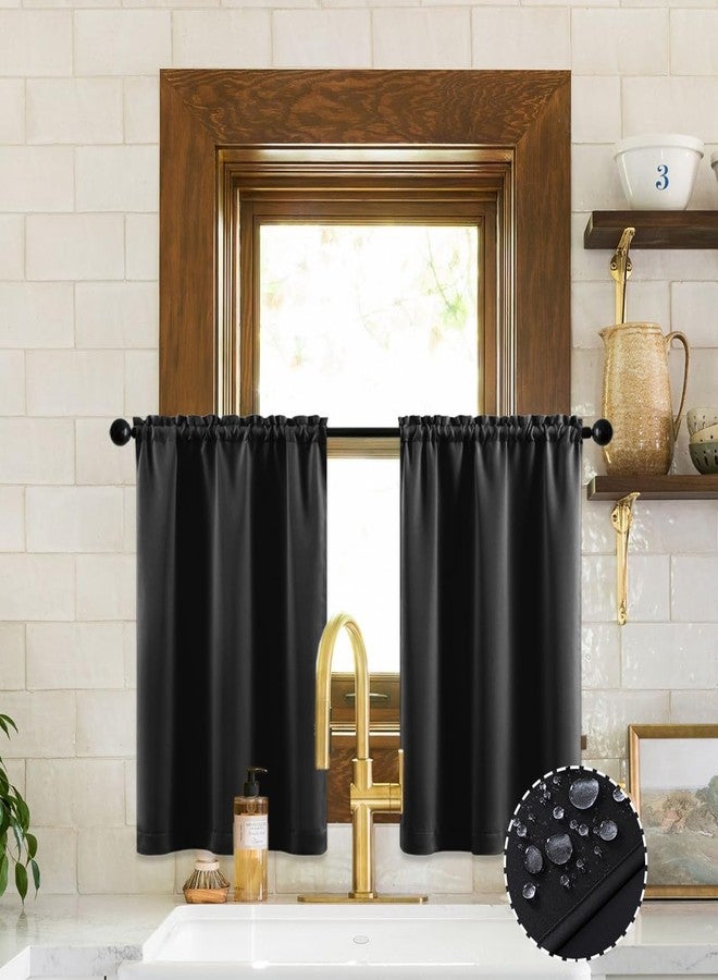 XTMYI Waterproof Fabric 30 Inch Curtains for Bathroom Kitchen Window,Mini Shower Small Short Blackout Tier Curtain Panels,Set of 2,60 Inch Wide,Black - Image 4