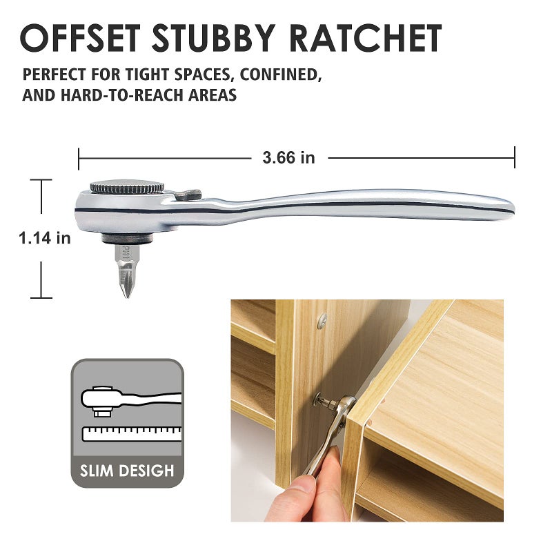 STREBITO Right Angle Screwdriver 32-Piece 1/4 Inch Mini Ratchet Set Low Profile Offset Bit Set with 72-Tooth Ratcheting Wrench Stubby Ratchet 90 Degree Screwdriver for Small Spaces - Image 2