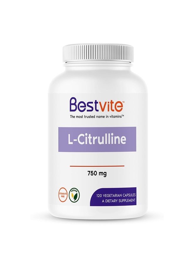 BESTVITE L-سيترولين 750 ملغ لكل كبسولة (120 كبسولة نباتية) - بدون ستيرات - بدون سيليكا - بدون مواد مالئة - غير معدلة وراثيًا - خالية من الغلوتين - نباتية - Image 1