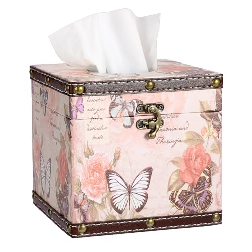 Hoowen Vintage Tissue Box Cover, Wood Square Tissue Box Holder, Decorative Butterflies Design Faux Leather Tissue Holders for Table Bathroom Living Room Kitchen Office Car Home Decor, Pink (Butterfly) - Image 1