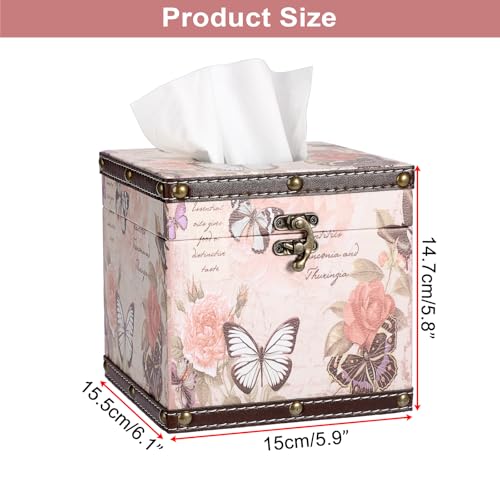 Hoowen Vintage Tissue Box Cover, Wood Square Tissue Box Holder, Decorative Butterflies Design Faux Leather Tissue Holders for Table Bathroom Living Room Kitchen Office Car Home Decor, Pink (Butterfly) - Image 4