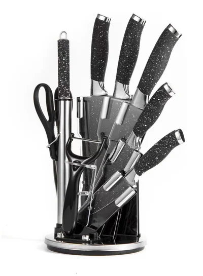 Cuisine Art Cuisine Art 9-Piece Professional Kitchen Cutting Tool Set with Revolving Stand – Includes Chef Tool, Cleaver, Slicer, Utility & Fruit Cutters, Scissors, Sharpening Rod & Peeler – Black