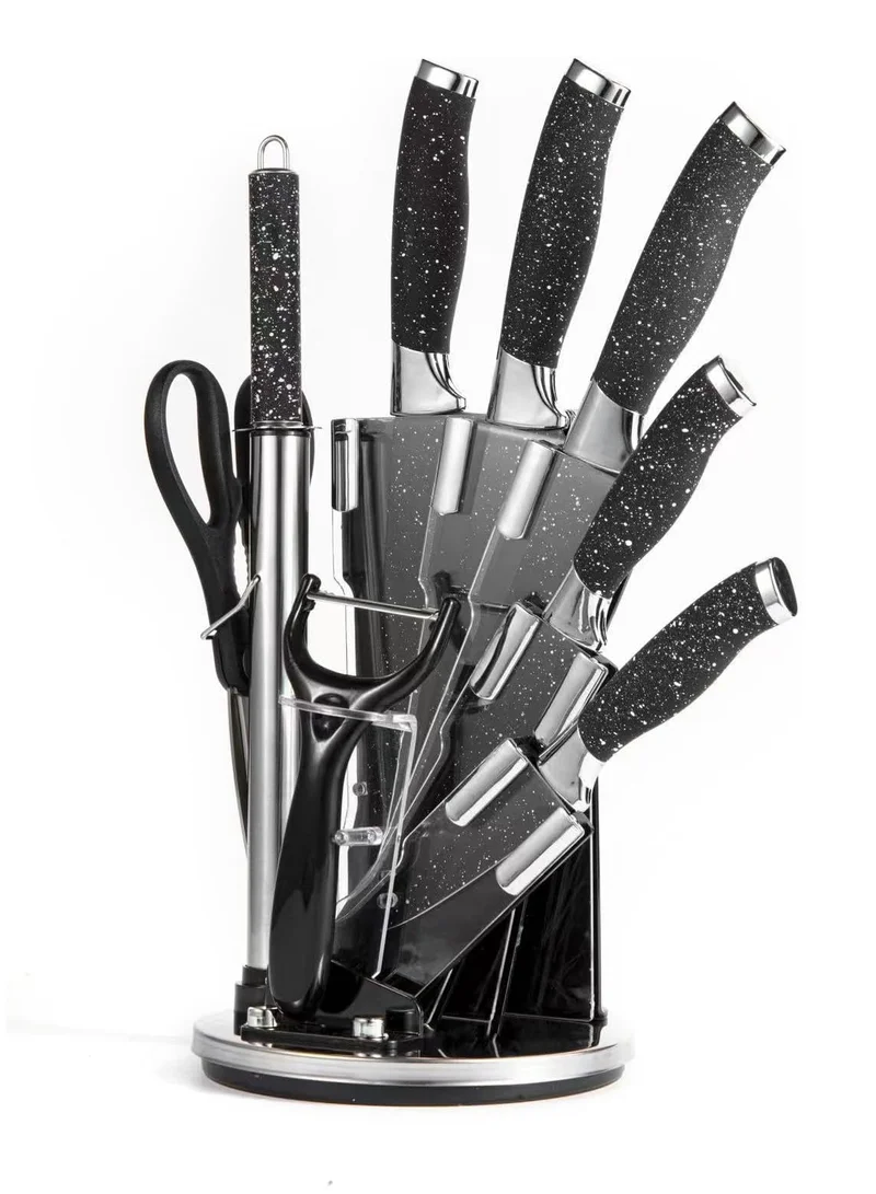 Cuisine Art Cuisine Art 9-Piece Professional Kitchen Cutting Tool Set with Revolving Stand – Includes Chef Tool, Cleaver, Slicer, Utility & Fruit Cutters, Scissors, Sharpening Rod & Peeler – Black