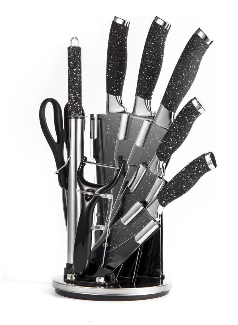 Cuisine Art Cuisine Art 9-Piece Professional Kitchen Cutting Tool Set with Revolving Stand – Includes Chef Tool, Cleaver, Slicer, Utility & Fruit Cutters, Scissors, Sharpening Rod & Peeler – Black 