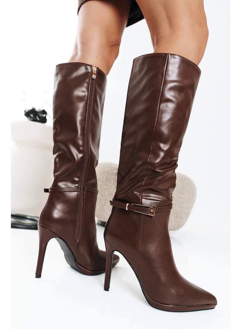 DubaiGallery Women's Brown Knee-High Stiletto Heel Boots – Elegant Side Zip High Heel Fashion Boots with Buckle Detail, Premium Leather-Look Long Boots for Party, Office, Evening & Winter Wear - Image 4
