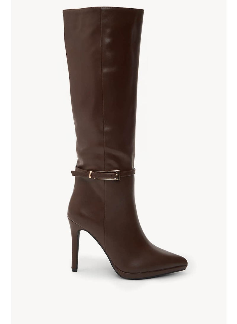 DubaiGallery Women's Brown Knee-High Stiletto Heel Boots – Elegant Side Zip High Heel Fashion Boots with Buckle Detail, Premium Leather-Look Long Boots for Party, Office, Evening & Winter Wear - Image 1