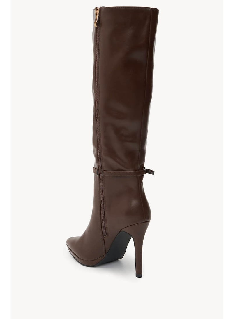 DubaiGallery Women's Brown Knee-High Stiletto Heel Boots – Elegant Side Zip High Heel Fashion Boots with Buckle Detail, Premium Leather-Look Long Boots for Party, Office, Evening & Winter Wear - Image 2