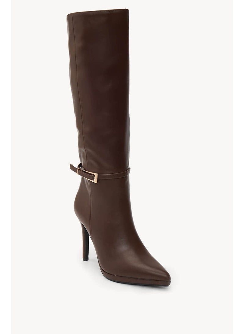 DubaiGallery Women's Brown Knee-High Stiletto Heel Boots – Elegant Side Zip High Heel Fashion Boots with Buckle Detail, Premium Leather-Look Long Boots for Party, Office, Evening & Winter Wear - Image 5