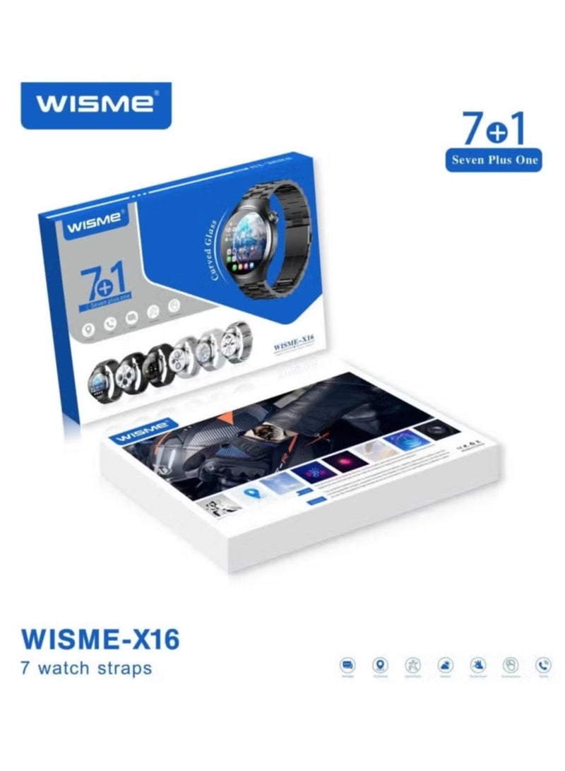 WISME ساعة ذكية X16 بتصميم دائري وشاشة منحنية مع 7 أحزمة قابلة للتبديل -- كابل شحن، مصممة للرجال باللون الأسود - Image 5