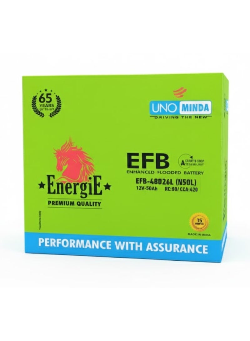 UNO MINDA EFB 48D26L (N50L) Enhanced Flooded Battery - 12V, 50Ah | Start & Stop Technology - Image 1