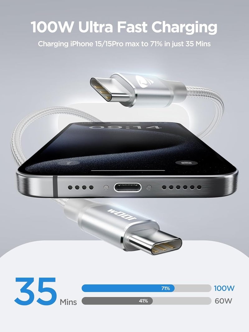 اييونوس كابل USB C بطول 2 متر، بقدرة شحن تصل إلى 100 واط، منفذ USB C إلى منفذ Type C، مصنوع من خيوط نايلون مجدولة، يدعم تقنية الشحن السريع (PD)، مناسب لأجهزة iPhone 16/15، iPad، MacBook Pro/Air، Galaxy S24 Ultra، Huawei P70. - Image 2