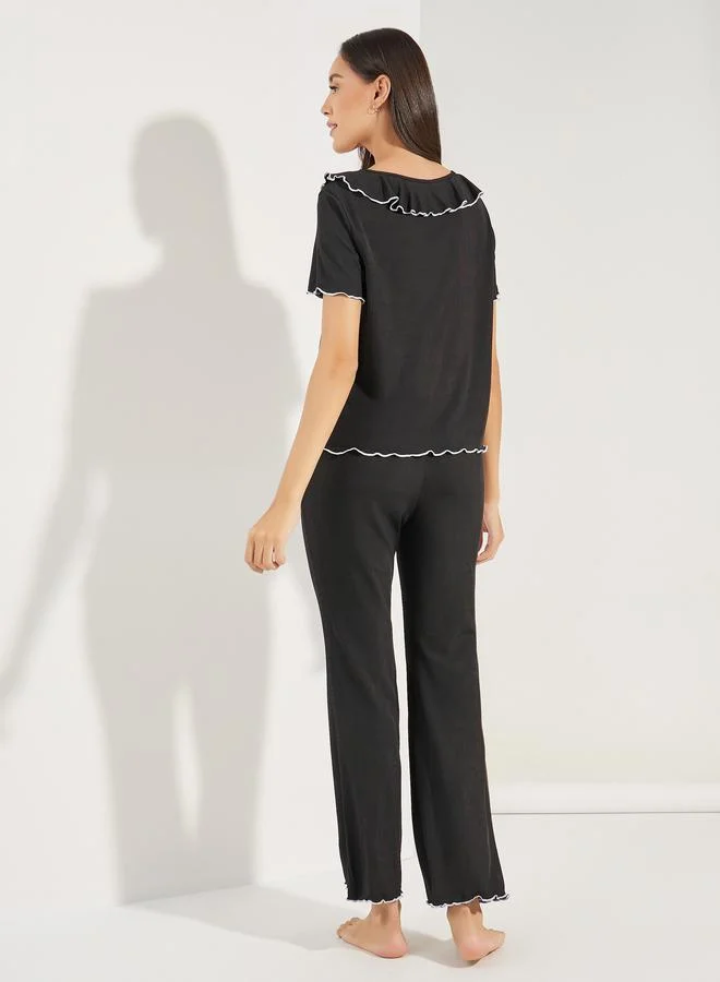 Styli Ruffled V-Neck Top & Flared Pant Pyjama Set
