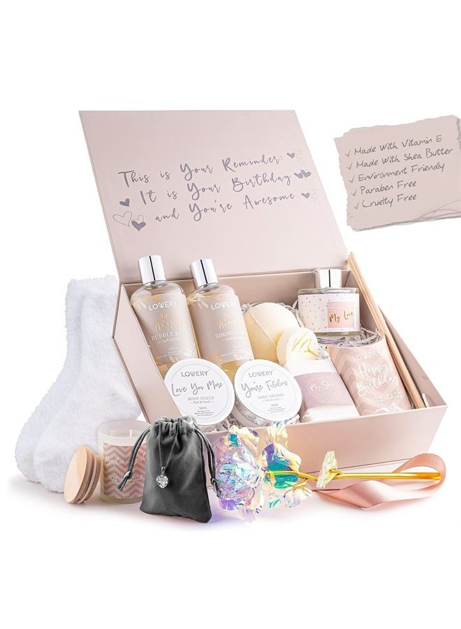LOVERY Birthday Gifts for Women, Birthday Spa Gift Basket for Women, Luxury Birthday Spa Gift Box with Vit E, Rich Bath Essentials, Diffuser, Candle, Sterling Silver CZ Heart Necklace, 24k Flower Rose & More - Image 2