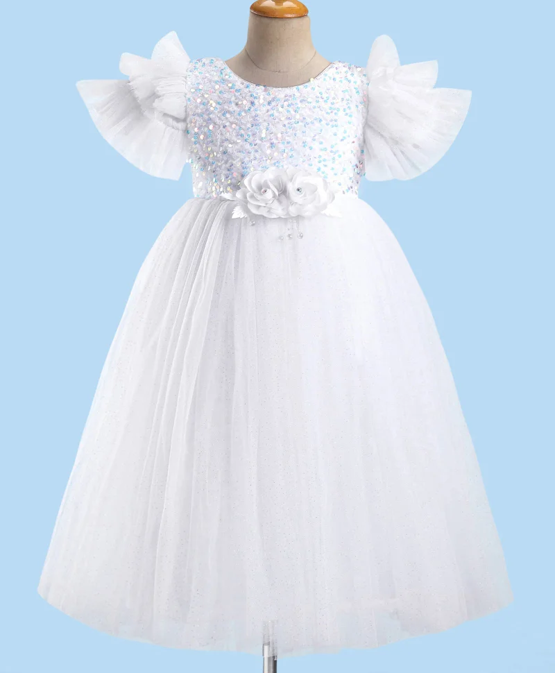 babyhug Babyhug Sleeveless  Glitter Printed Party Gown with Floral Applique - White