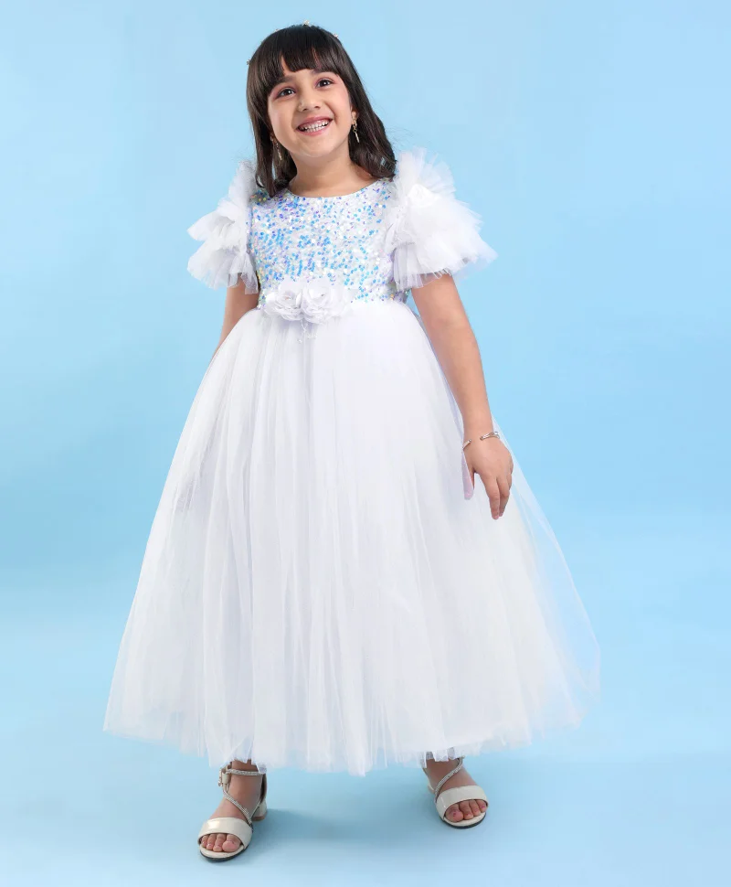 babyhug Babyhug Sleeveless  Glitter Printed Party Gown with Floral Applique - White