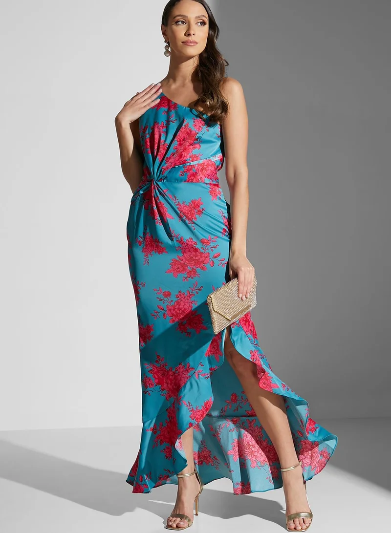 Chi-Chi London One Shoulder Printed Ruffle Detail Dress